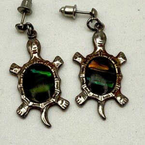 Silver Tone Turtle Earrings with Abalone Inlay